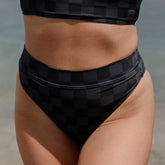 Front view of Slate Check Almost Cheeky Bottoms showcasing the cheeky fit and check pattern on a model with a neutral background