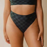 Front view of Slate Check Almost Cheeky Bottoms with slate check pattern and cheeky fit on model