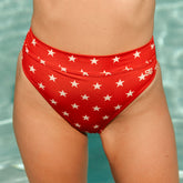 Front view of Star Almost Cheeky Bottoms showcasing red fabric with a white star pattern on a model