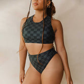 Front view of Slate Check Almost Cheeky Bottoms showcasing checked pattern and cheeky coverage on a model against a neutral background