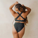Back view of Slate Check Almost Cheeky Bottoms showing cheeky coverage and check pattern against a neutral wall