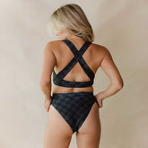Back view of Slate Check Almost Cheeky Bottoms showing the slate check pattern and cheeky fit on a model in a studio