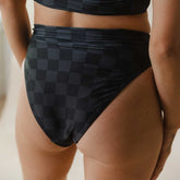 Rear view of Slate Check Almost Cheeky Bottoms showcasing slate check pattern and cheeky cut on a model