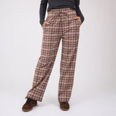 Front view of Audrey Trouser in Toffee Plaid showcasing the drawstring waist and wide-leg fit on a model against a light background