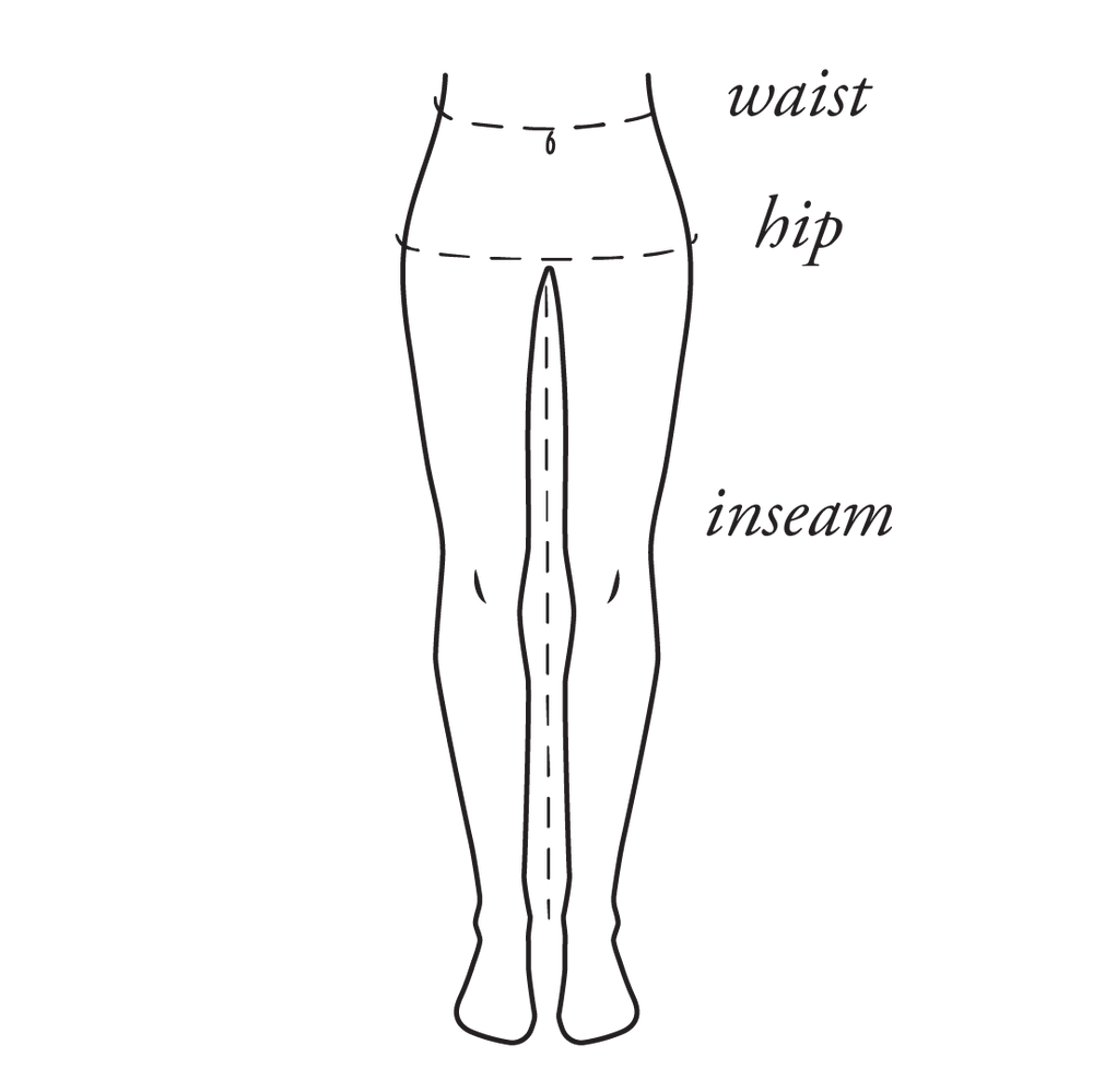 Diagram of a leg with labeled parts: waist, hip, and inseam.