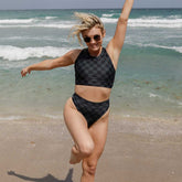 Front view of Slate Check Almost Cheeky Bottoms showcasing slate check pattern and cheeky coverage on a model at the beach
